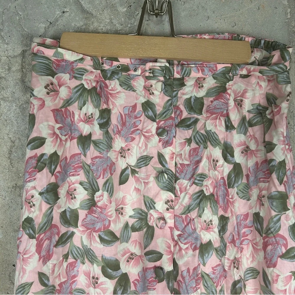 Vintage Pink green White floral button up belted Midi Skirt medium